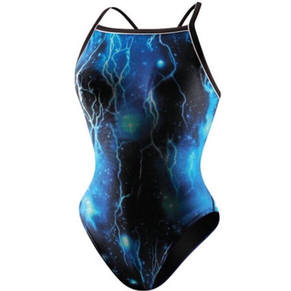 Speedo Womens SPEEDO LIGHTNING STRIKES FEMALE FLYBACK BLUE One Piece Size 32 NWT - Picture 1 of 8